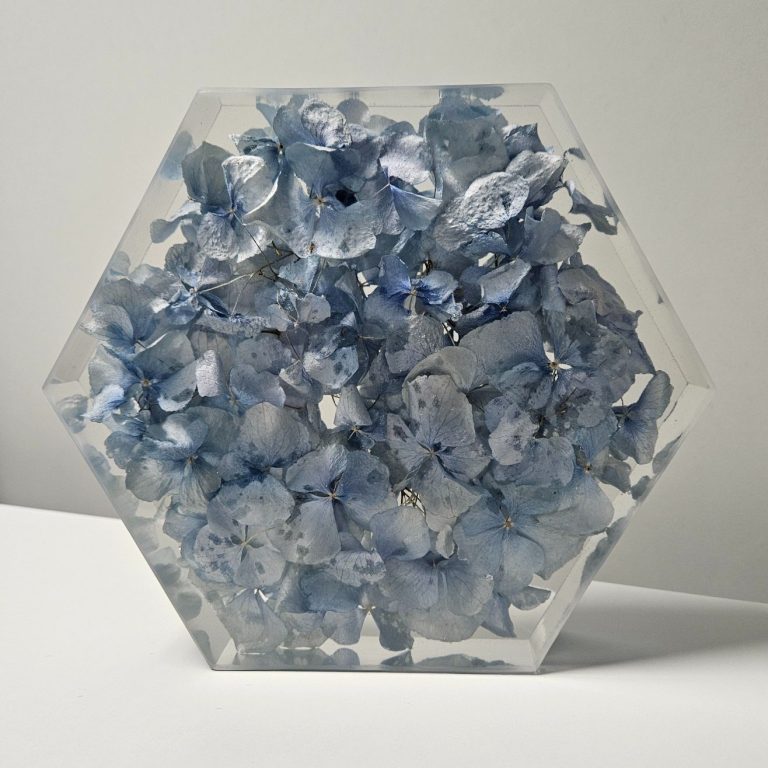 Sechseckige transparente Vase mit blauen, getrockneten Blumen.