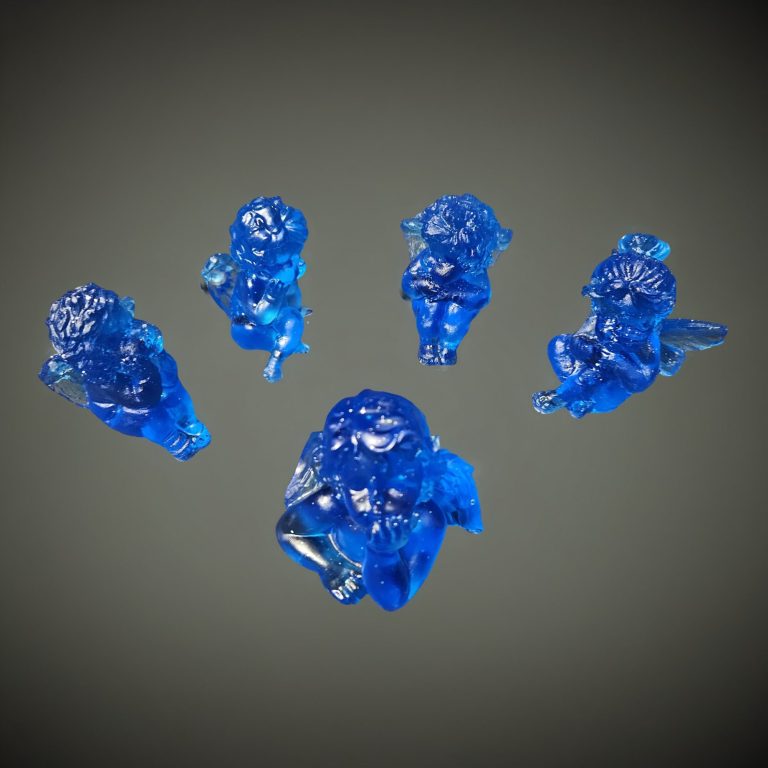 Fünf handgefertigte blaue Engelfiguren aus Harz, glänzend-transparent gegossen, mit verschiedenen Posen.